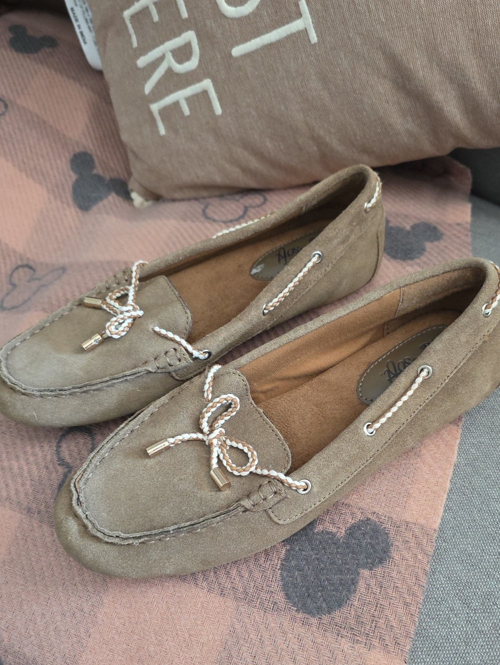 Euro Soft Taupe Suede Moccasin Loafers with Braided Bow